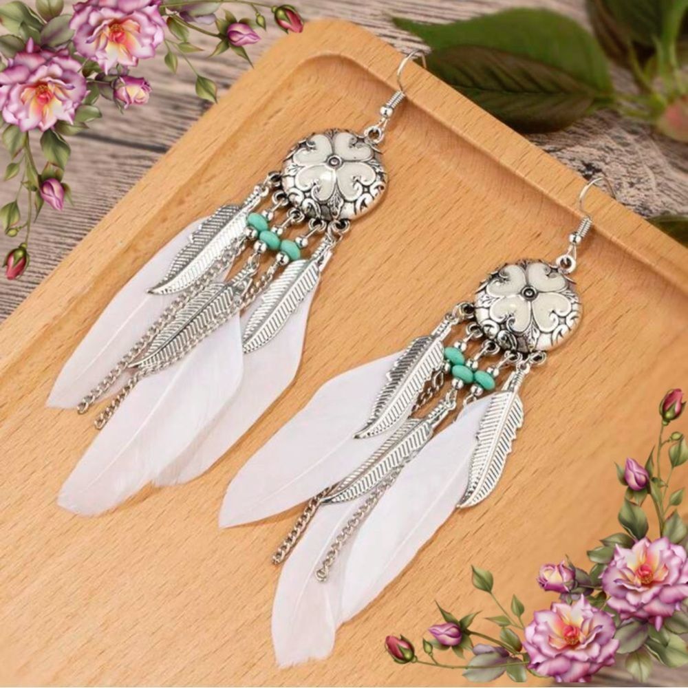 Bohemian Silver and White Feather‎ drop
Earrings